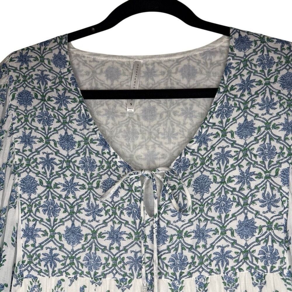 RockFlowerPaper Babydoll Dress Blue & White Bishop Sleeve Size S Boho, Cottageco - Picture 3 of 13